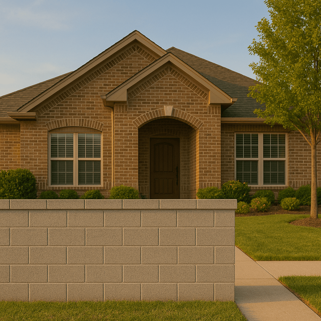 Concrete block retaining wall with clean mortar joints in Lewisville, Texas