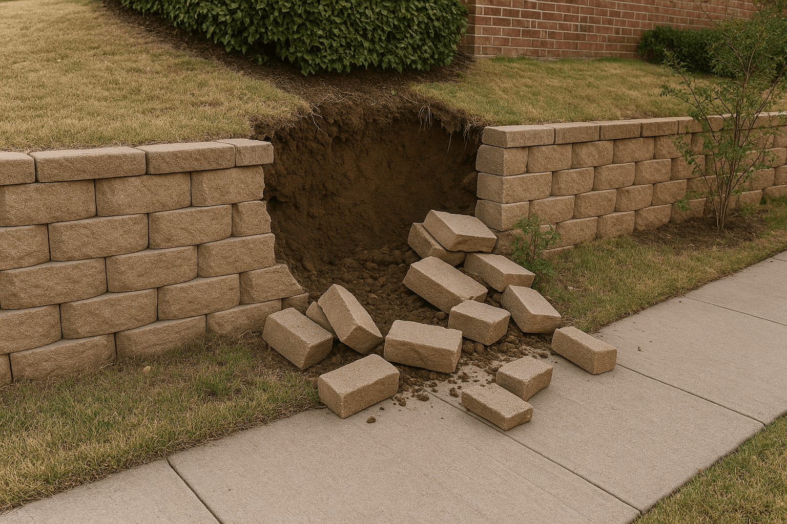 Before and after photos of retaining wall restoration project in Plano, Texas