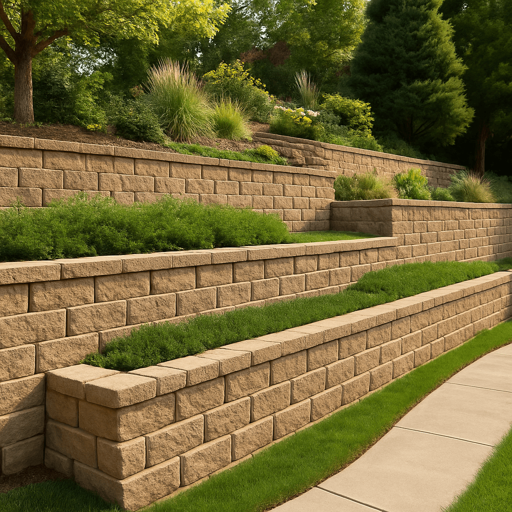 Before and after photo of a stone retaining wall restoration in McKinney, Texas