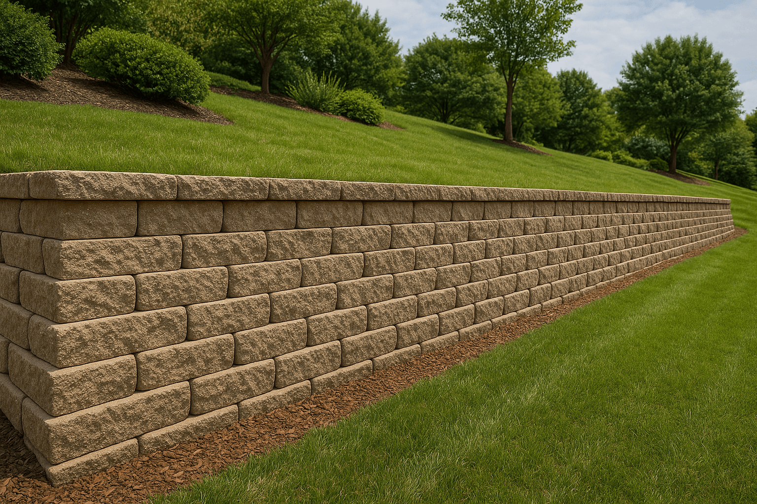 Close-up of mortar repair on stone retaining wall in Plano, TX