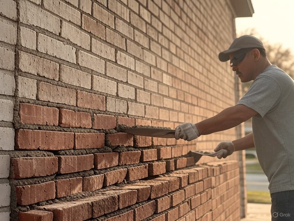 Omega Masonry team repairing cracked and damaged bricks on a Frisco property